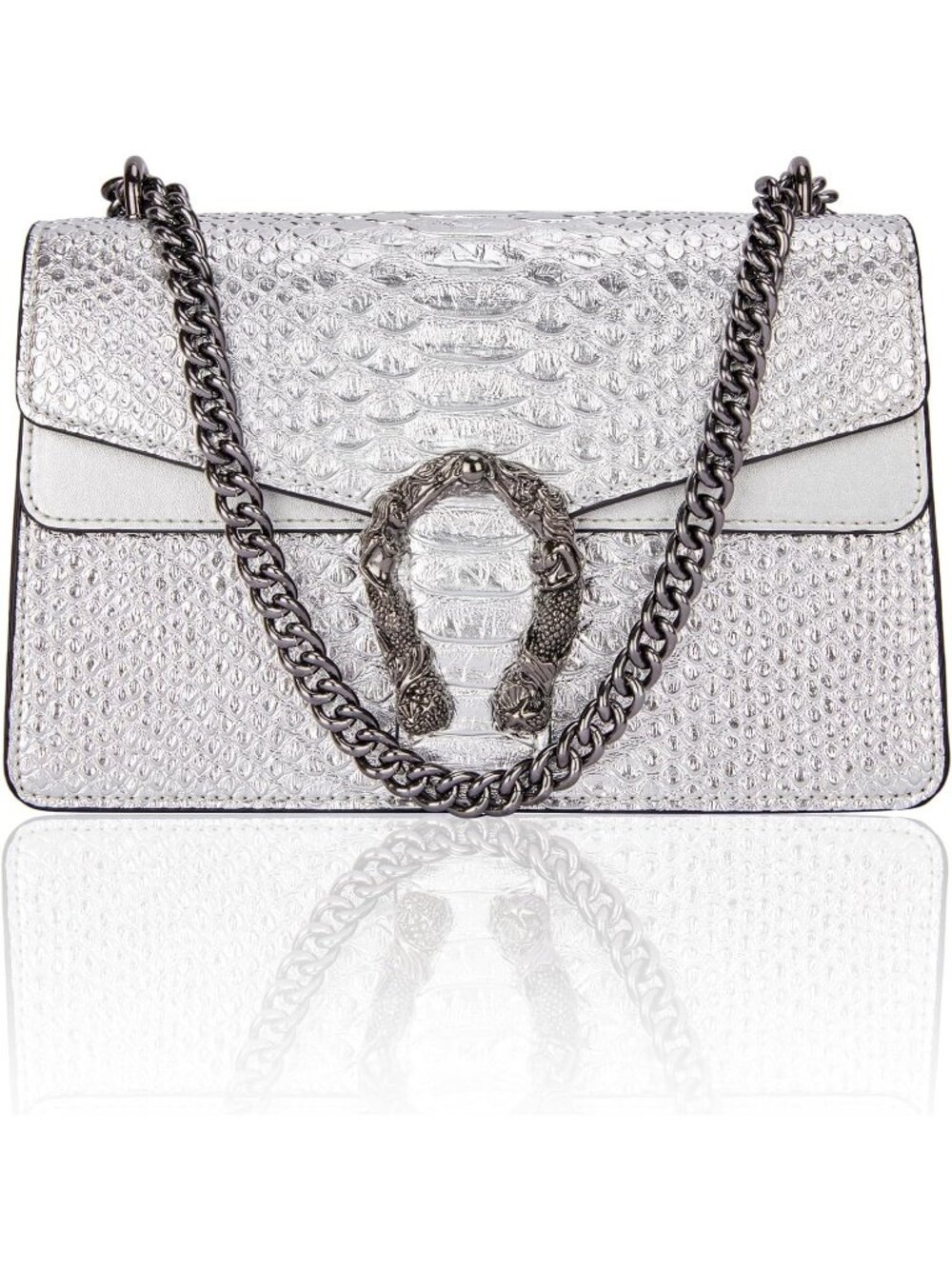 Women's Bling Sliver Leather Cross Body Satchel Classic Snake Print Chain Bag